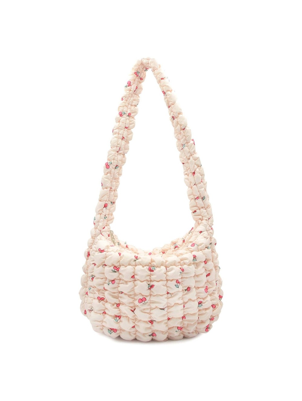 OMG Accessories Cherry Print Quilted Hobo Shoulder Bag Cream Puffer